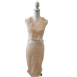 House of Harlow 1960 Revolve Crochet Ribbed Knit Cropped Top Skirt Set M